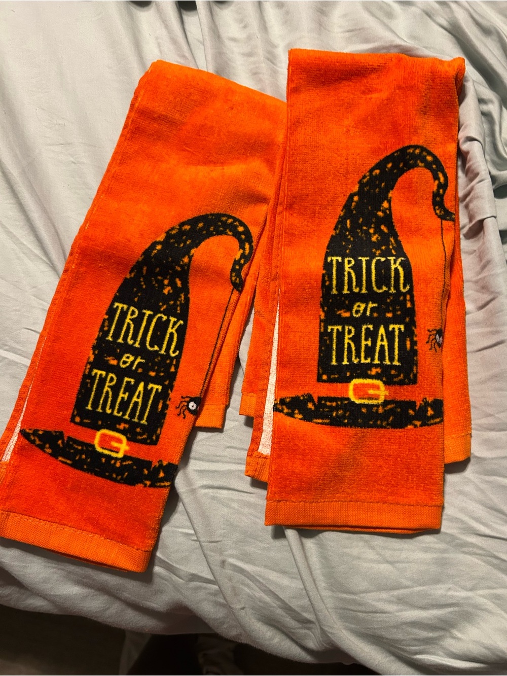 Orange Halloween Trick or Treat Kitchen Towels Set of 2